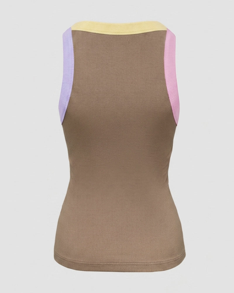 Women's Contrast Binding Tank Top Ribbed Knit Sleeveless Scoop Neck Slim Fit Camisole Top with Built-in Bra